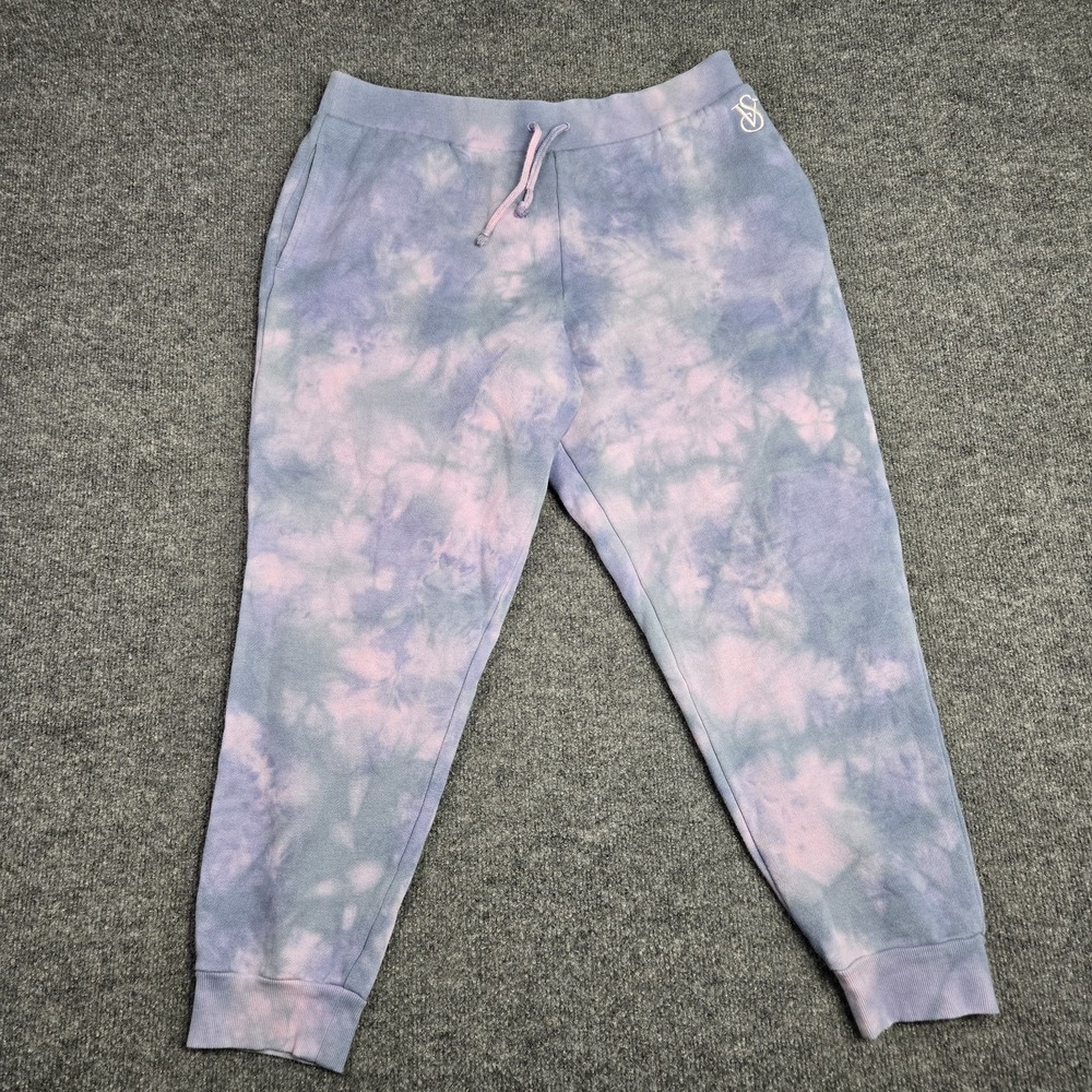 Victoria's Secret Fleece Mid Rise L Jogger Pants Blue/Pink Tie-Dye Cloud - Picture 2 of 10